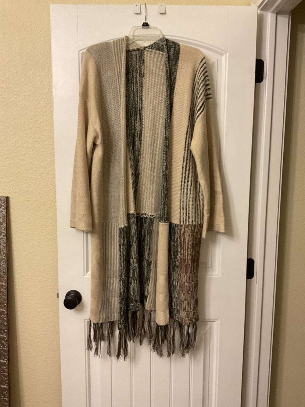 Open-Front Long Fringe Cardigan Sweater - Cream Multi